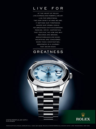 Figura 2.3 Rolex e o arquétipo do governante: “Viva por excelência”.  Fonte: http://agencianrz.blogspot.com/2014/12/esta-na-hora-propagandas-de-relogios.html
